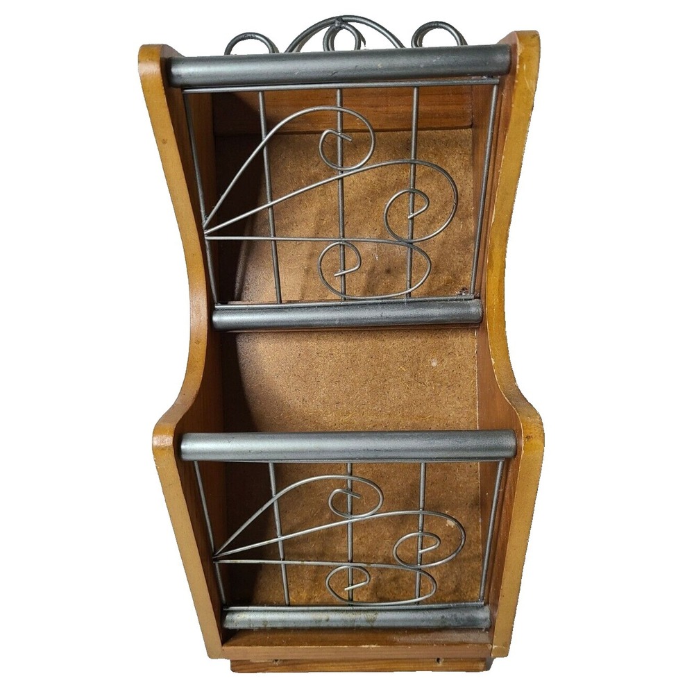 VTG Mail Bill Organizer Holder MCM Cottagecore Wood Metal Ornate Two Tier Wall